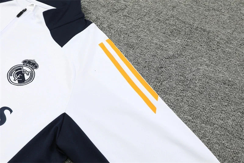 Real Madrid 2024/25 White, Navy & Orange Adidas Training Tracksuit – Quarter-Zip Top & Navy Tapered Pants | Emirates La Liga Training Suit