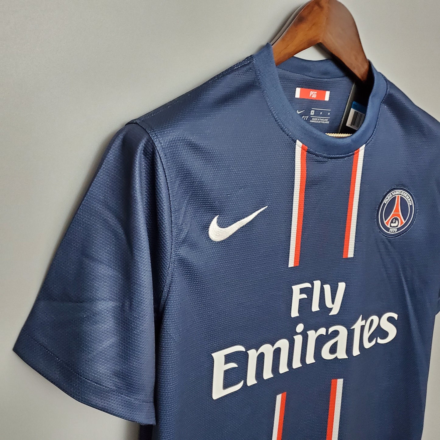 PSG 2012-13 Home Retro Jersey – Nike Navy Blue White Red Vertical Stripe Crew Neck Fly Emirates Eiffel Tower Crest Ibrahimovic Thiago Silva Beckham Verratti Pastore Lavezzi Ligue 1 Fan Version Football Shirt