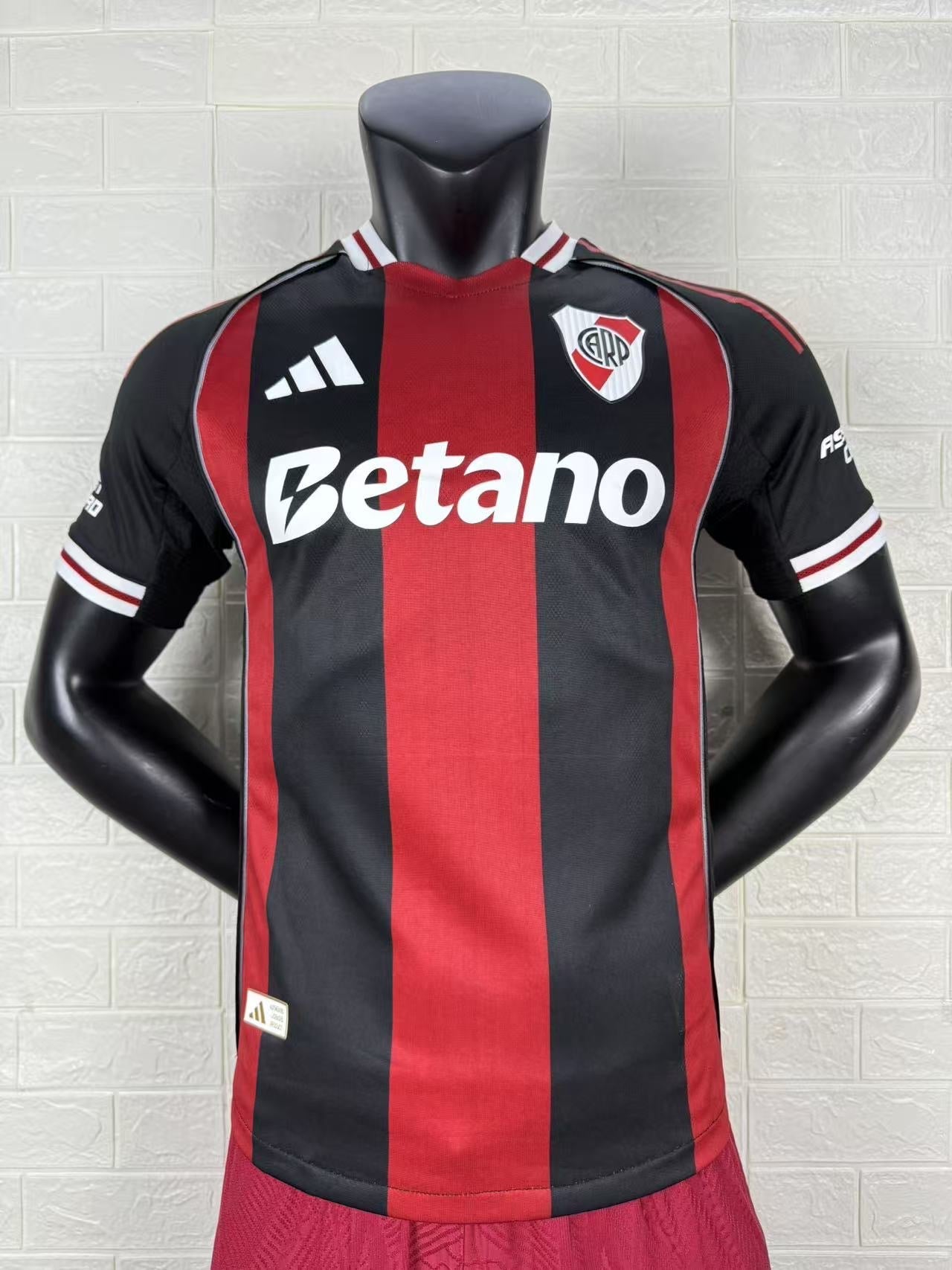2025/26 River Plate Away Player Version Jersey - Adidas - Black Red Vertical Wide Stripe - White Red Striped V-Neck Collar - Betano White Sponsor