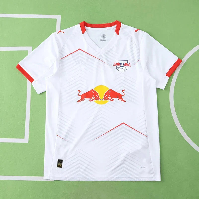 RB Leipzig Home Fan Version 2025/26 – White V-Neck Chevron Texture Bundesliga Football Jersey | Red Bull Crest