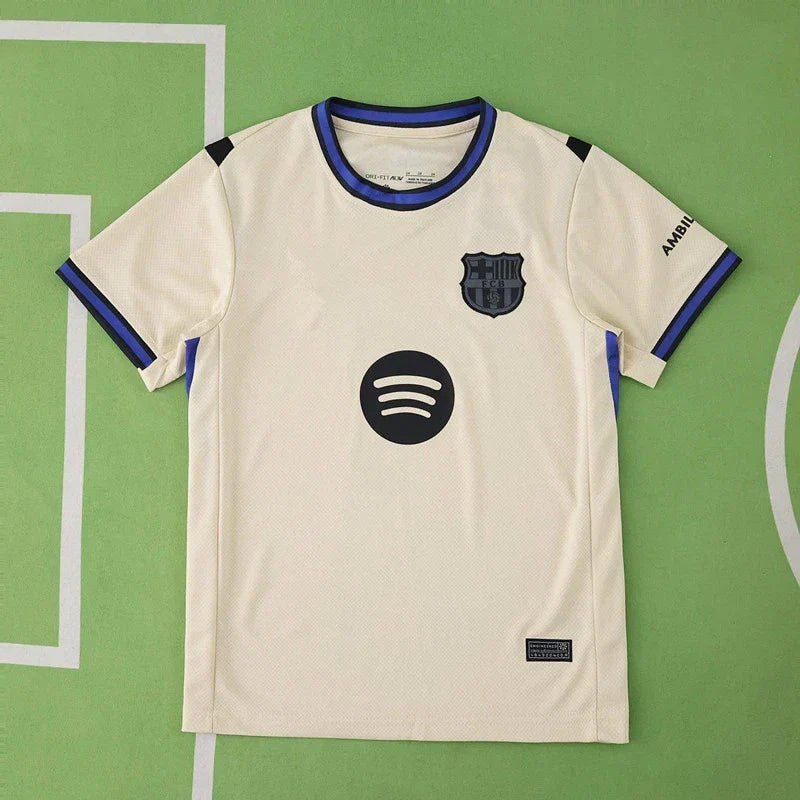 FC Barcelona Away Kids Kit 2025/26 — Cream White & Navy Spotify Edition