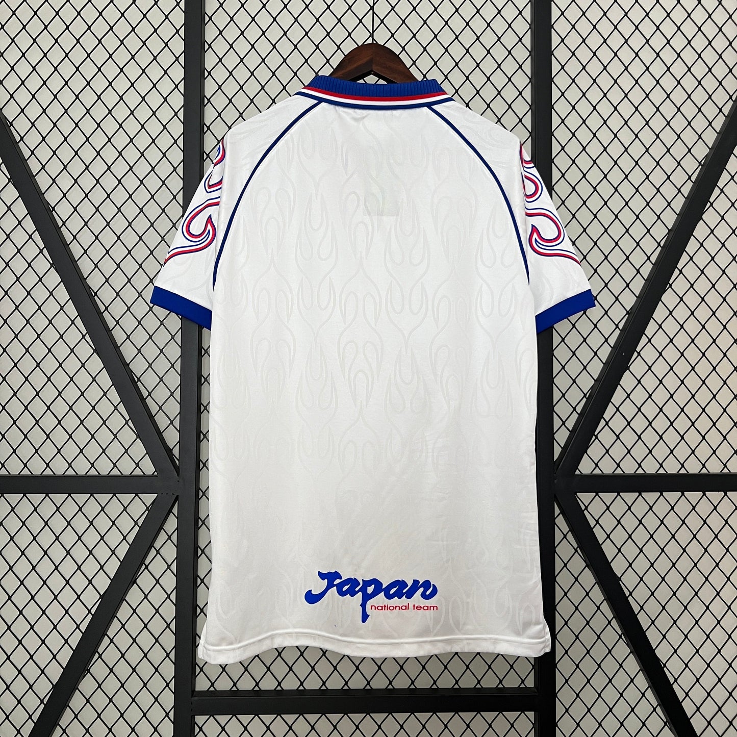 Japan 1998 Away Jersey – White Asics Blue Collar Flame Pattern Retro 1998 FIFA World Cup France Football Shirt | Nakata Nakayama Samurai Blue Classic JFA Kit