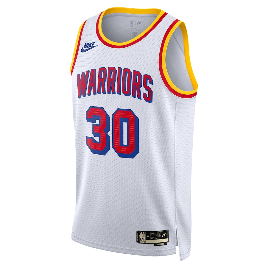 Stephen Curry #30 Golden State Warriors White 2024-25 Classic Edition Red "Warriors" Retro Gold-Red Tri-Color Collar Swingman Jersey - S-XXXL