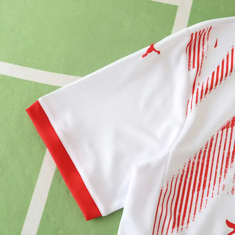 RB Leipzig Home Fan Version 2024/25 – White & Red Diagonal Stripe Print Bundesliga Football Jersey | Red Bull Crest