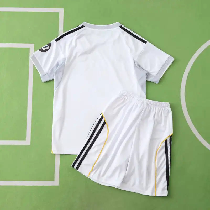 Real Madrid CF Home Kids Kit 2025/26 – White Football Jersey & Shorts Set with Gold Trim