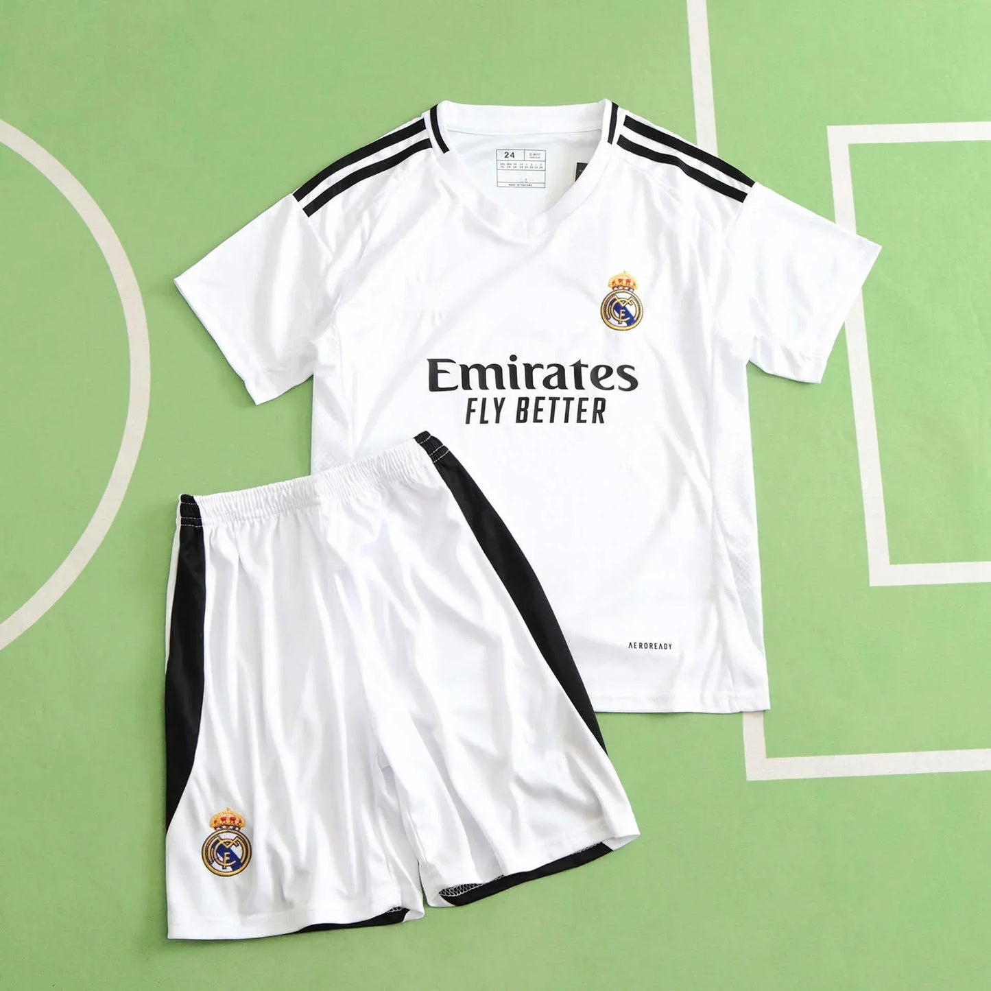 Real Madrid CF Home Kids Kit 2024/25 – White Football Jersey & Shorts Set for Children