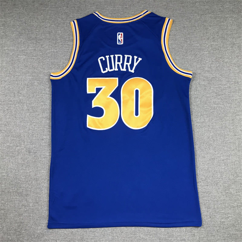 Stephen Curry #30 Golden State Warriors Royal Blue 2022-23 Classic Edition 1980s Retro Gold Italic Warriors Captain "C" Patch Bill Russell #6 Tribute Swingman Jersey