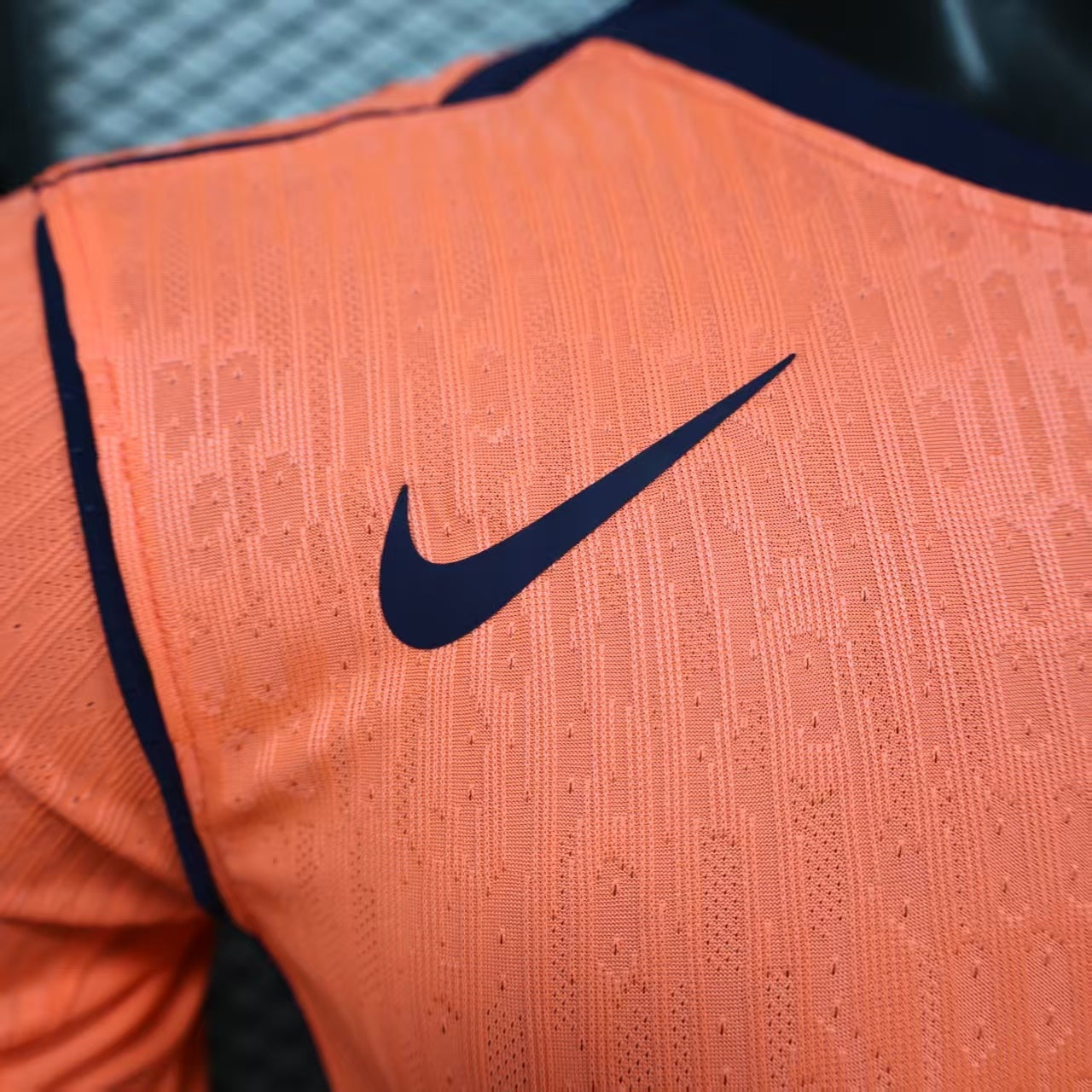 2025/26 FC Barcelona Away Player Version Jersey - Orange Body - Dri-FIT ADV - Navy Blue Crew Neck - Navy Blue Sleeve Cuffs & Side Seam Piping - Navy Blue Nike Swoosh - FCB Orange Monochrome Crest - Spotify Navy Blue Sponsor