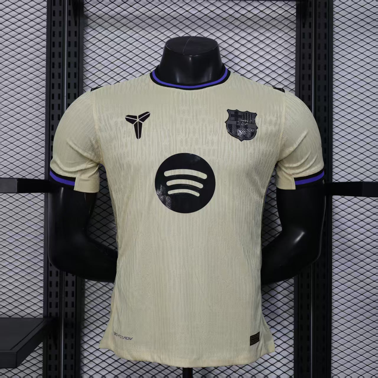 2025/26 FC Barcelona Away Player Version Jersey - Dri-FIT ADV - Champagne Off-White Body - Purple Crew Neck Collar - Black Shoulder Panels - Black FCB Crest - Spotify Black Sponsor
