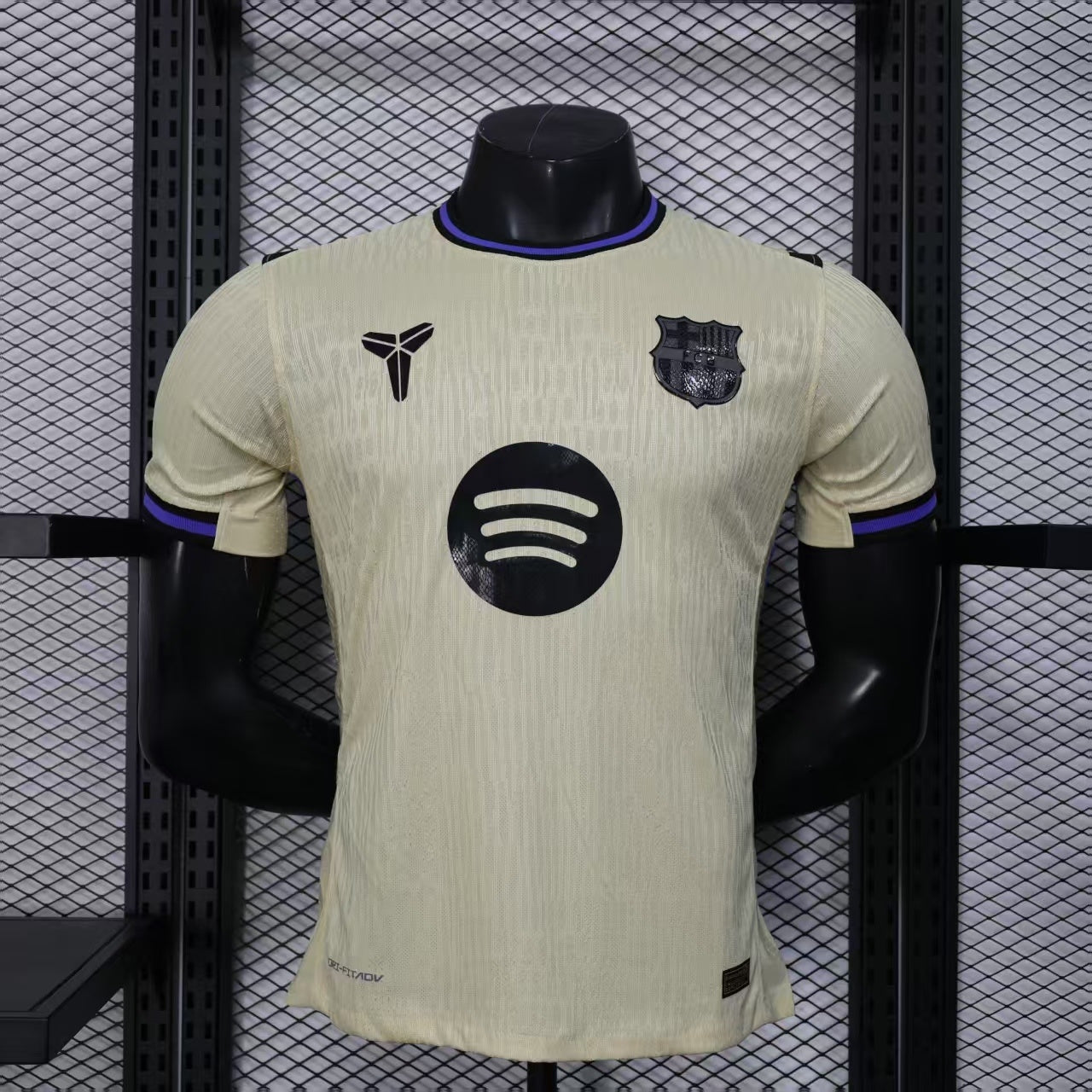 2025/26 FC Barcelona Away Player Version Jersey - Men's - Dri-FIT ADV - Champagne Off-White Body - Purple Crew Neck Collar - Black Shoulder Panels - Black FCB Crest - Spotify Black Sponsor