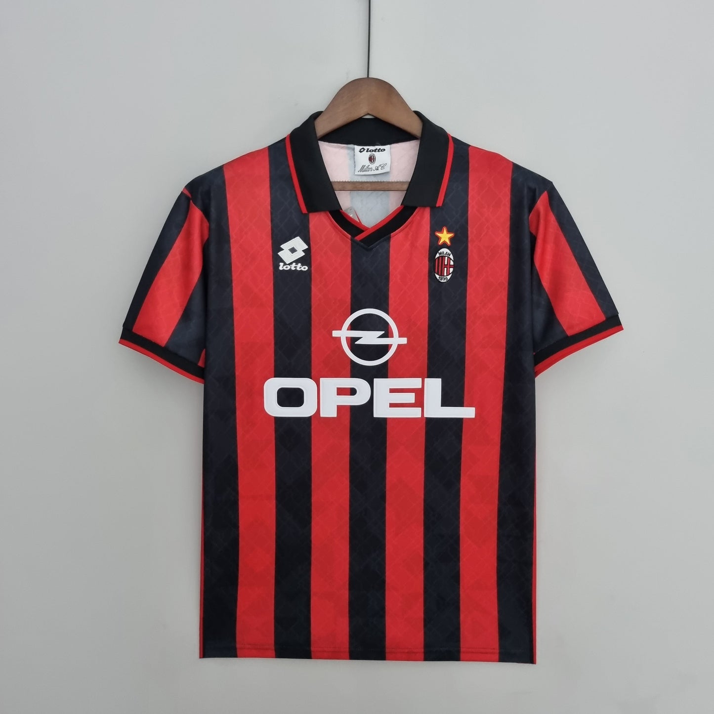 AC Milan 1995-96 Home Retro Jersey – Lotto Red Black Opel Maldini Weah Roberto Baggio Desailly Football Shirt