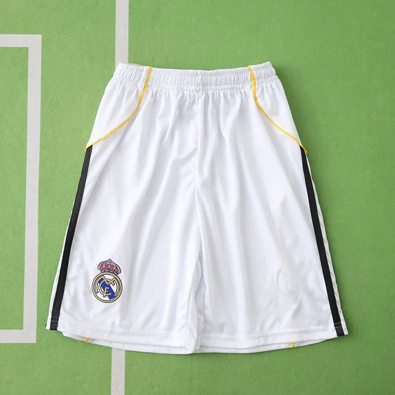 Real Madrid CF Home Kids Kit 2025/26 – White Football Jersey & Shorts Set with Gold Trim