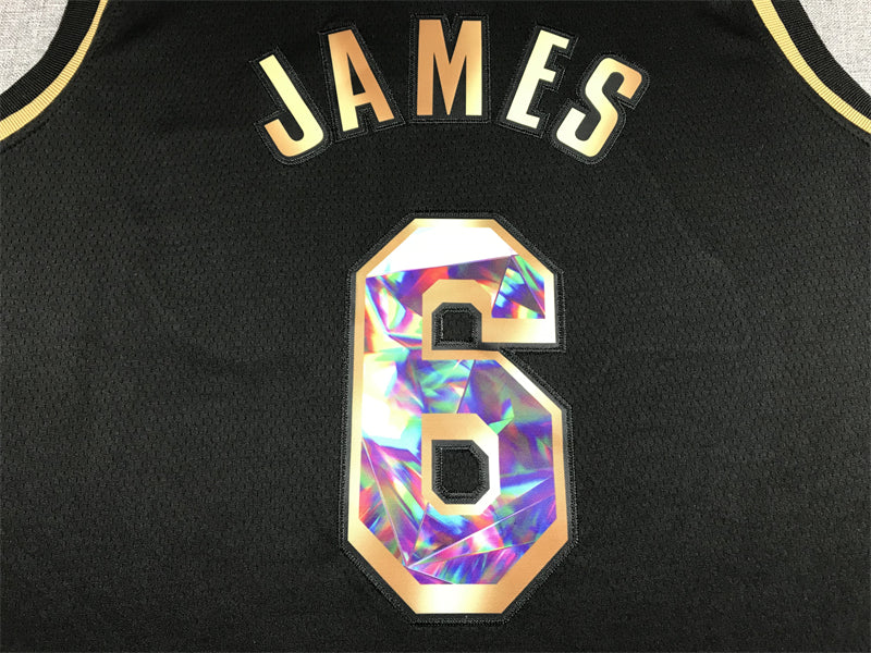 LeBron James #6 Los Angeles Lakers Black Gold 2021-22 Diamond Edition NBA 75th Anniversary Holographic Logo Swingman Jersey