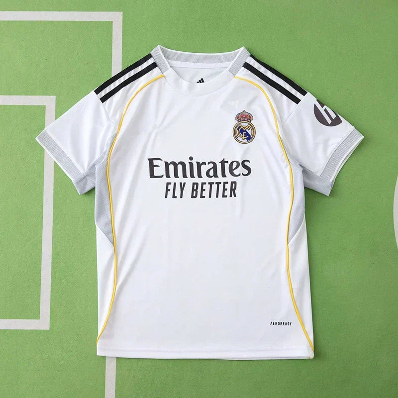 Real Madrid CF Home Kids Kit 2025/26 – White Football Jersey & Shorts Set with Gold Trim