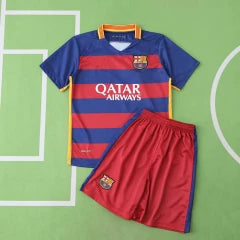 FC Barcelona Home Kids Kit 2015/16 Retro — Blue Red Stripe Qatar Airways Classic Children Jersey & Shorts Set