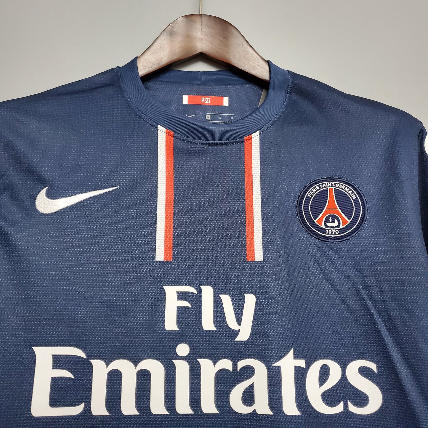PSG 2012-13 Home Retro Jersey – Nike Navy Blue White Red Vertical Stripe Crew Neck Fly Emirates Eiffel Tower Crest Ibrahimovic Thiago Silva Beckham Verratti Pastore Lavezzi Ligue 1 Fan Version Football Shirt