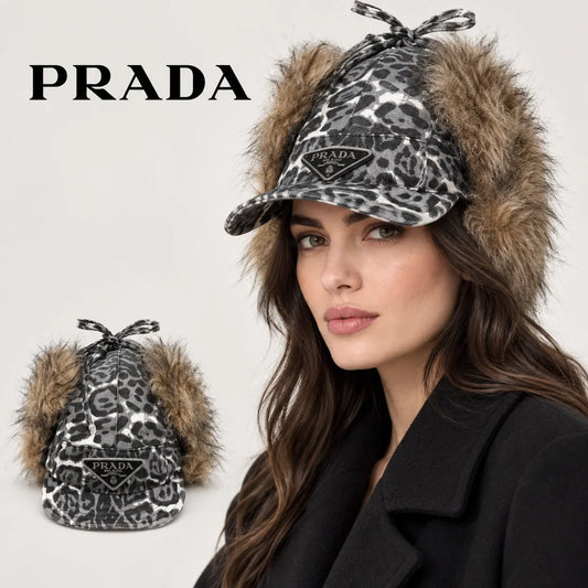 Prada earflap cap worn by an adult female model, with product detail inset.