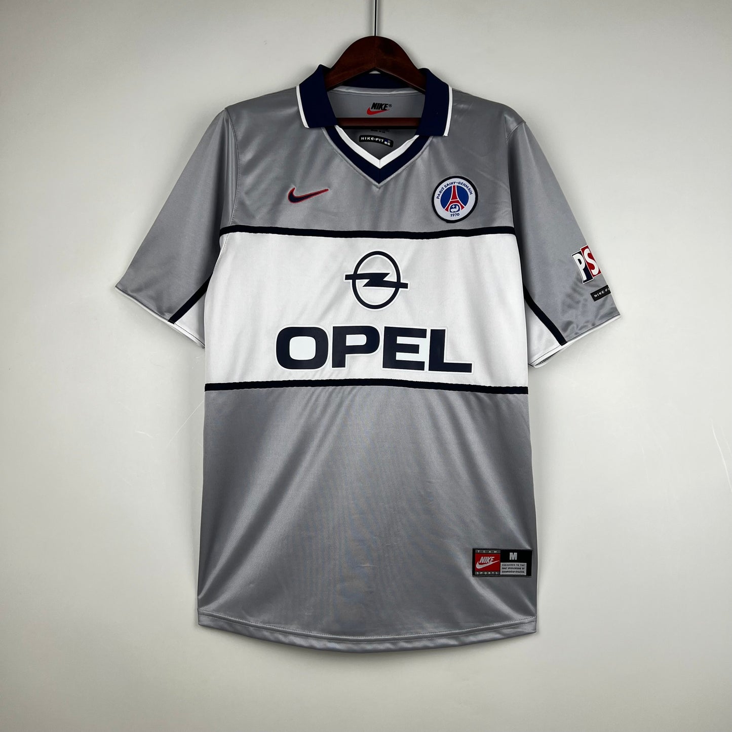 PSG 1999-2000 Away Retro Jersey – Nike Silver Grey White Band Navy V-Neck Opel Ligue 1 Paris Saint-Germain Fan Version Football Shirt