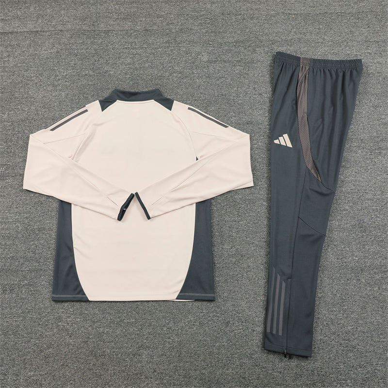 Real Madrid 2024/25 Apricot & Grey Adidas Training Tracksuit – Quarter-Zip Top & Tapered Pants | Emirates La Liga Training Suit