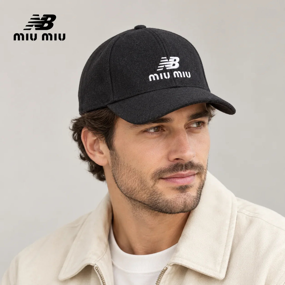 NB / miu miu baseball cap worn by an adult male model