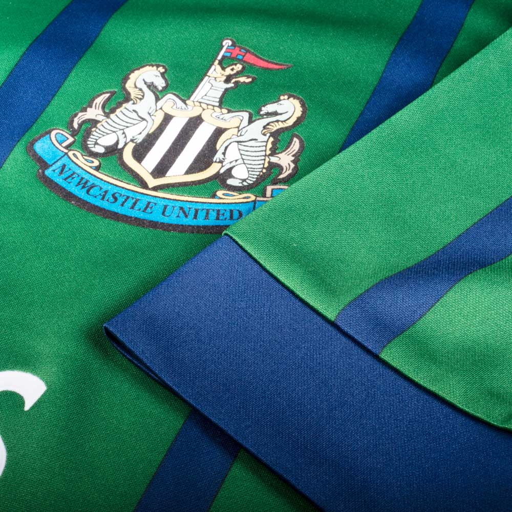 Newcastle United 1994/95 Away Retro Jersey – Green & Blue Stripes | McEwan's Lager | Asics | Toon Army 90s