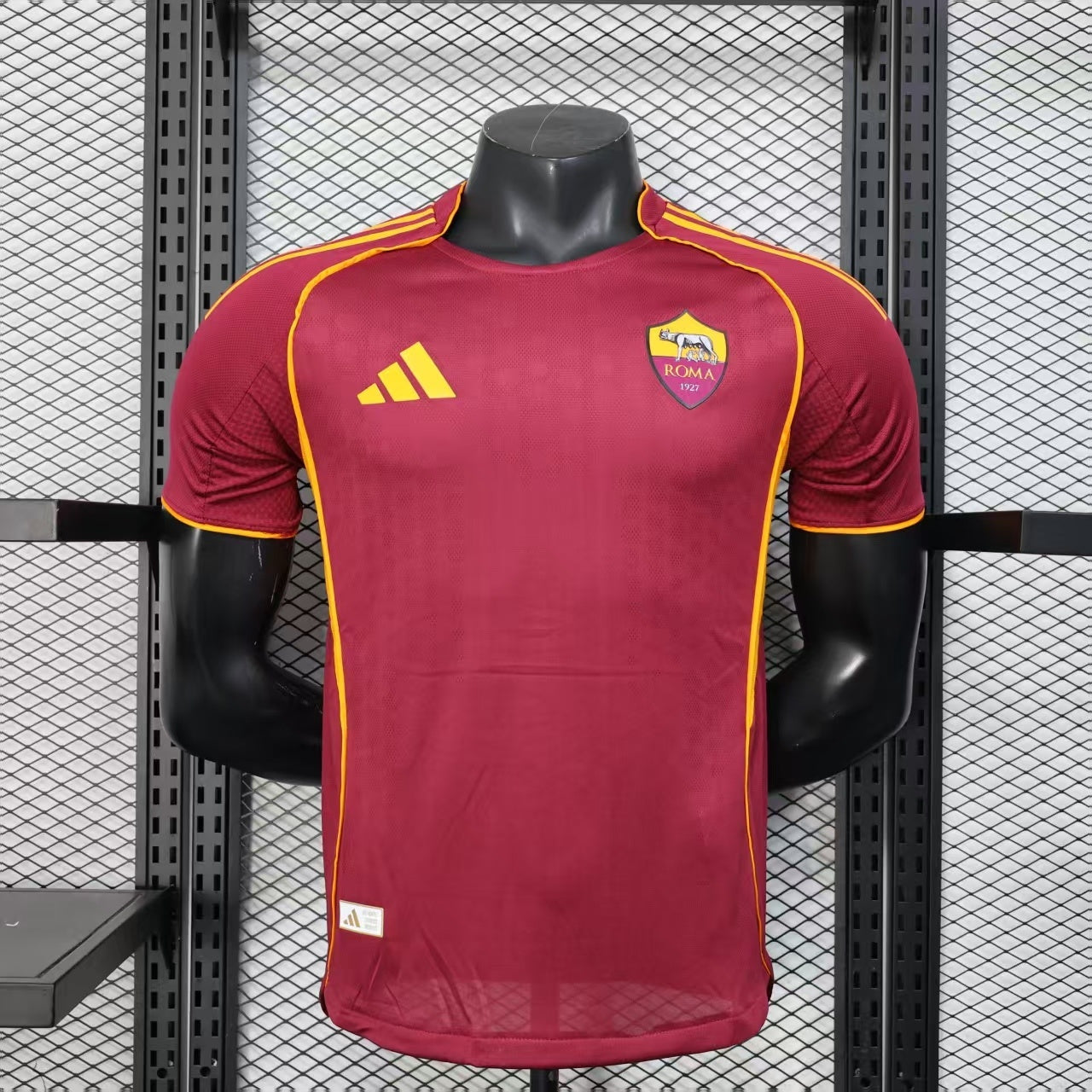 2025/26 AS Roma Home Player Version Jersey - Deep Maroon Body Gold Yellow Side Panel Stripe Seam Detail Gold Yellow Three Stripes - AS Roma Official Shield Crest Gold Yellow Purple She-Wolf Romulus Remus - Men's