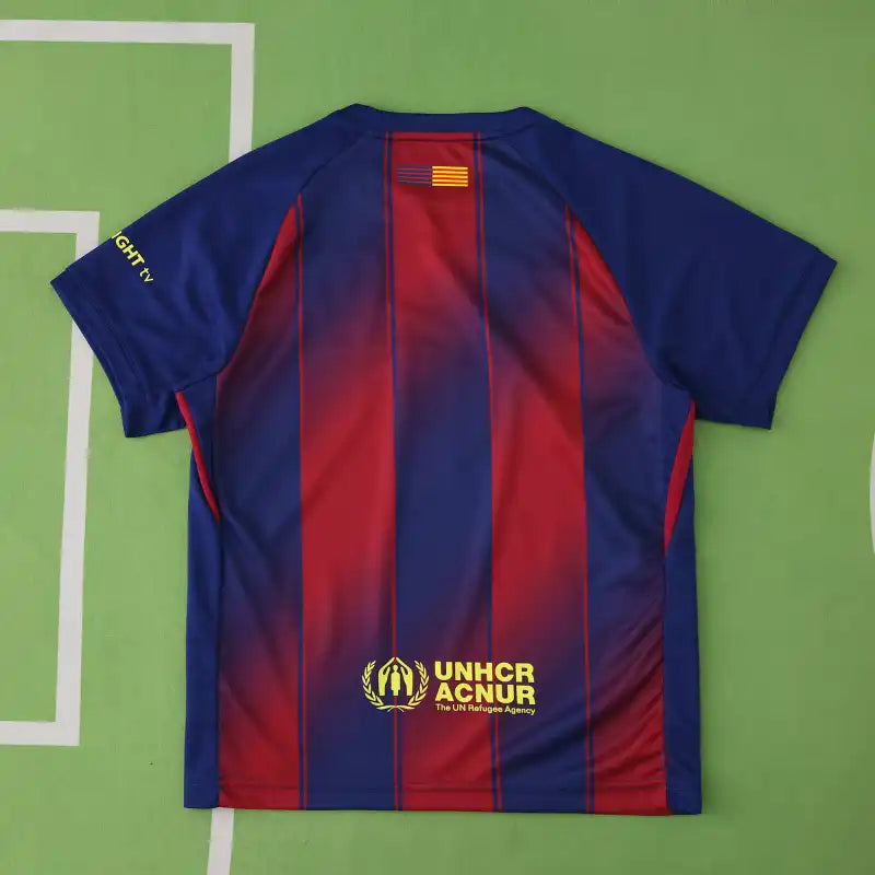 FC Barcelona Home Kids Kit 2025/26 — Blue Red Stripe Spotify Children Jersey & Shorts Set with Name