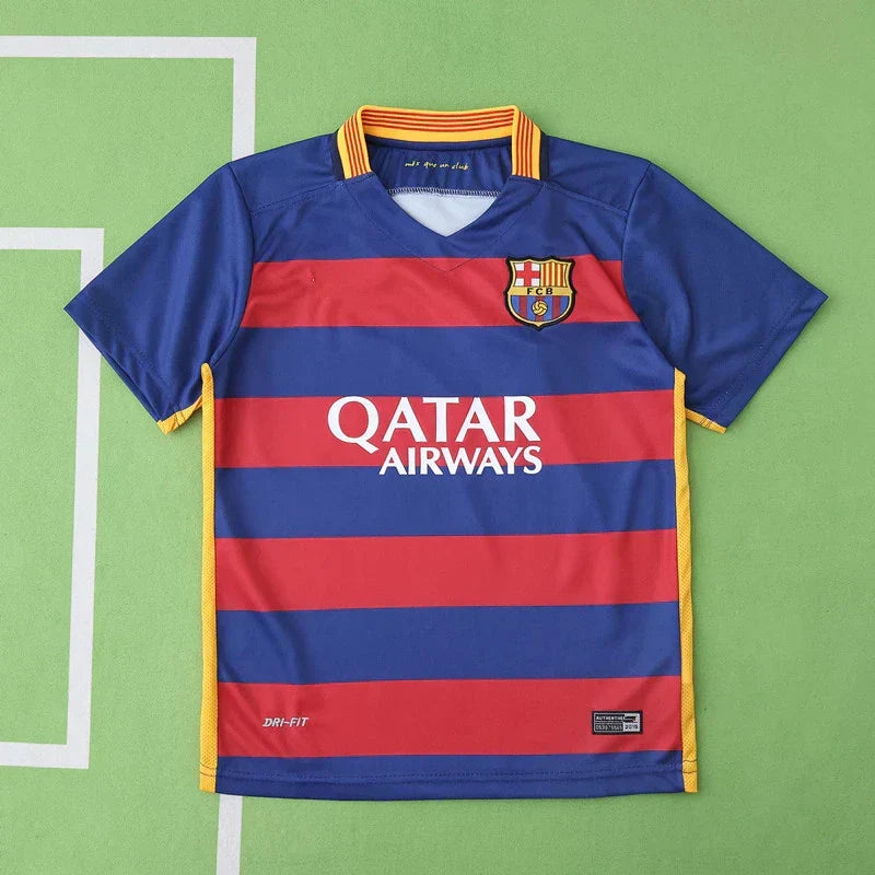 FC Barcelona Home Kids Kit 2015/16 Retro — Blue Red Stripe Qatar Airways Classic Children Jersey & Shorts Set