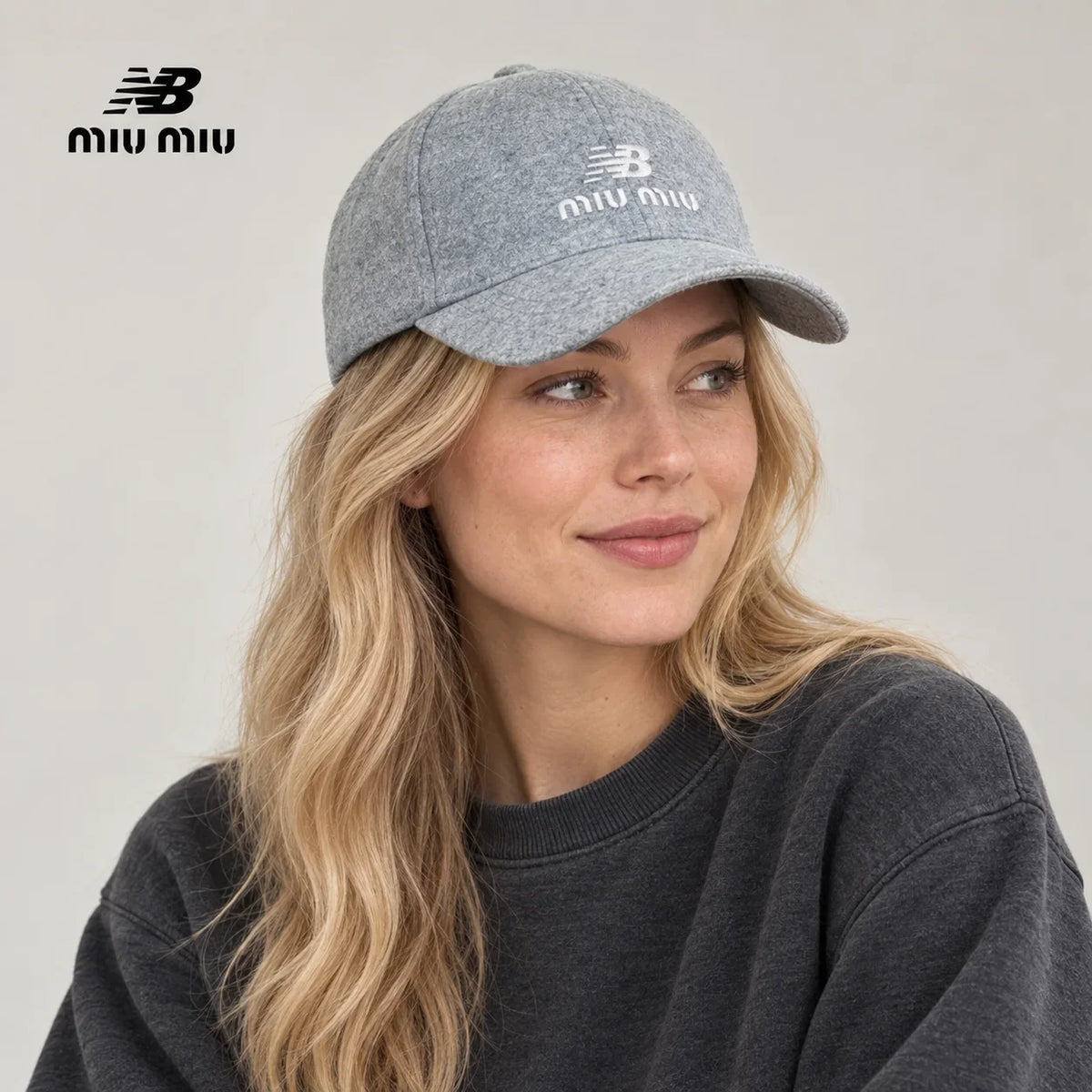 NB / miu miu baseball cap worn by an adult female model