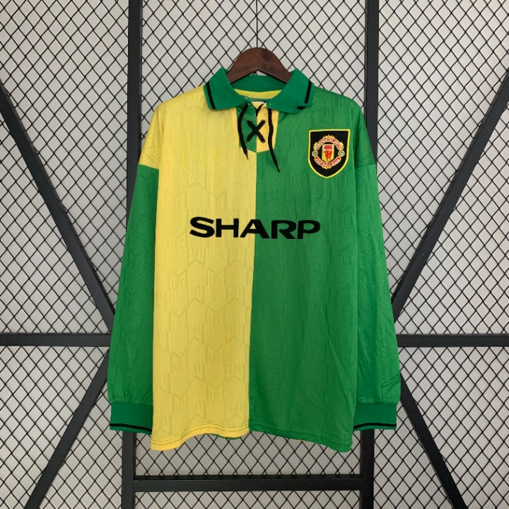 Manchester United 1993-94 Third Long Sleeve Retro Jersey – Yellow Green Split Sharp Cantona Giggs Keane Beckham Newton Heath Premier League Winner Fan Version Football Shirt