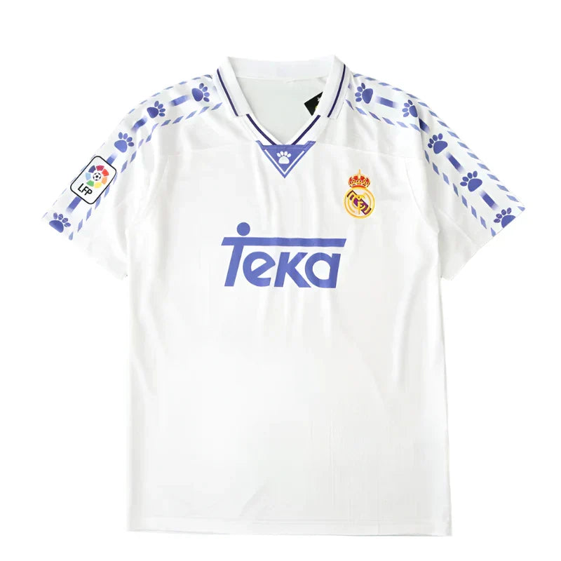 Real Madrid CF Home Retro Fan Version Jersey 1996/97 – White Football Shirt with Kelme Diamond Sleeve & Teka Sponsor
