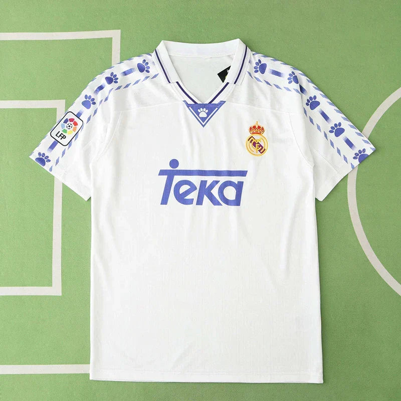 Real Madrid CF Home Retro Fan Version Jersey 1996/97 – White Football Shirt with Kelme Diamond Sleeve & Teka Sponsor