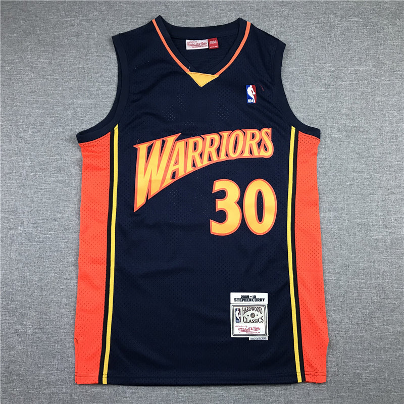 Stephen Curry #30 Golden State Warriors Mitchell & Ness 2009-10 Navy Blue Orange Side Panel Hardwood Classics Rookie Season Away Swingman Jersey