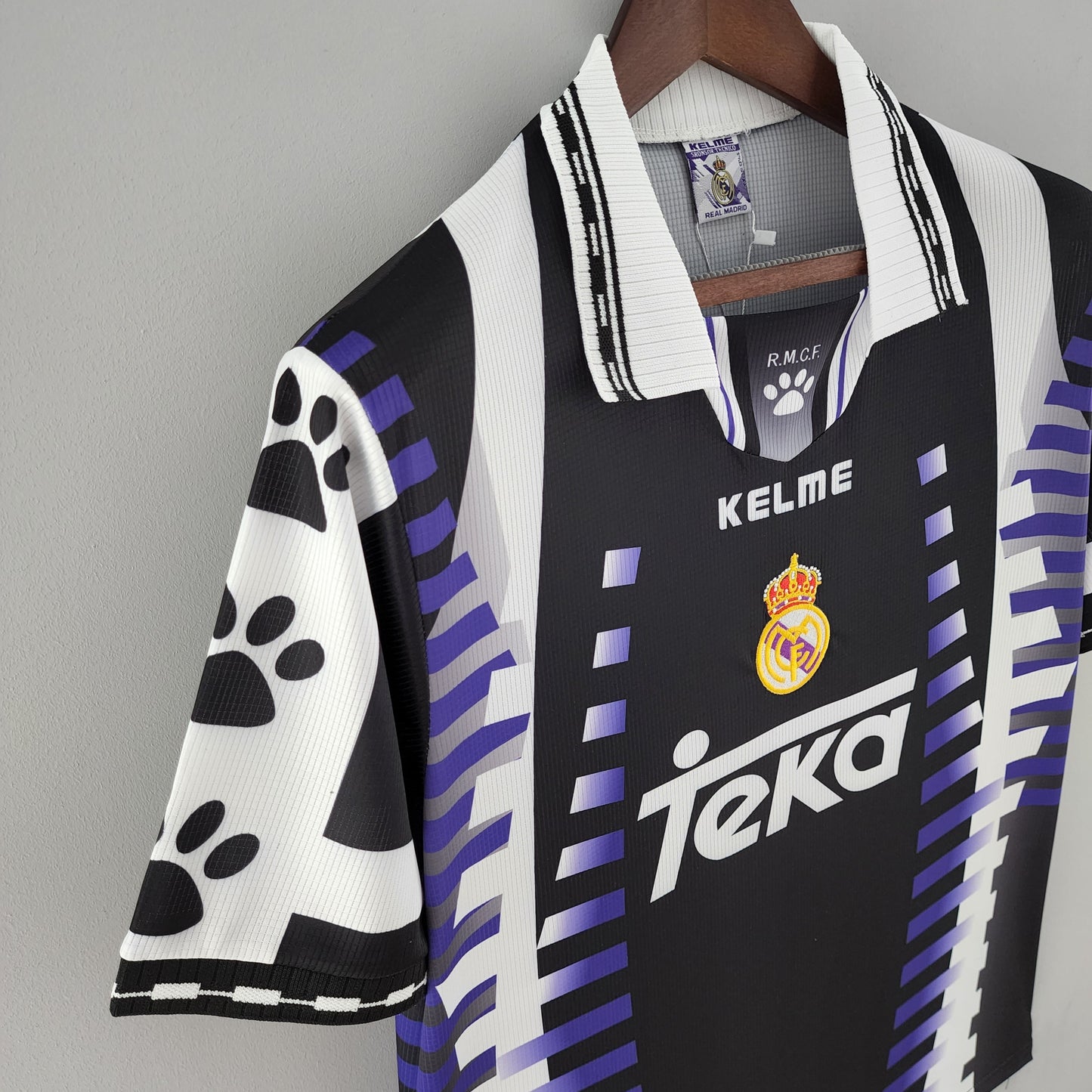 Real Madrid 1997-98 Third Retro Jersey – Kelme Black Purple Stripe Leopard Print Sleeve Kit | Champions League Winners Raul Era
