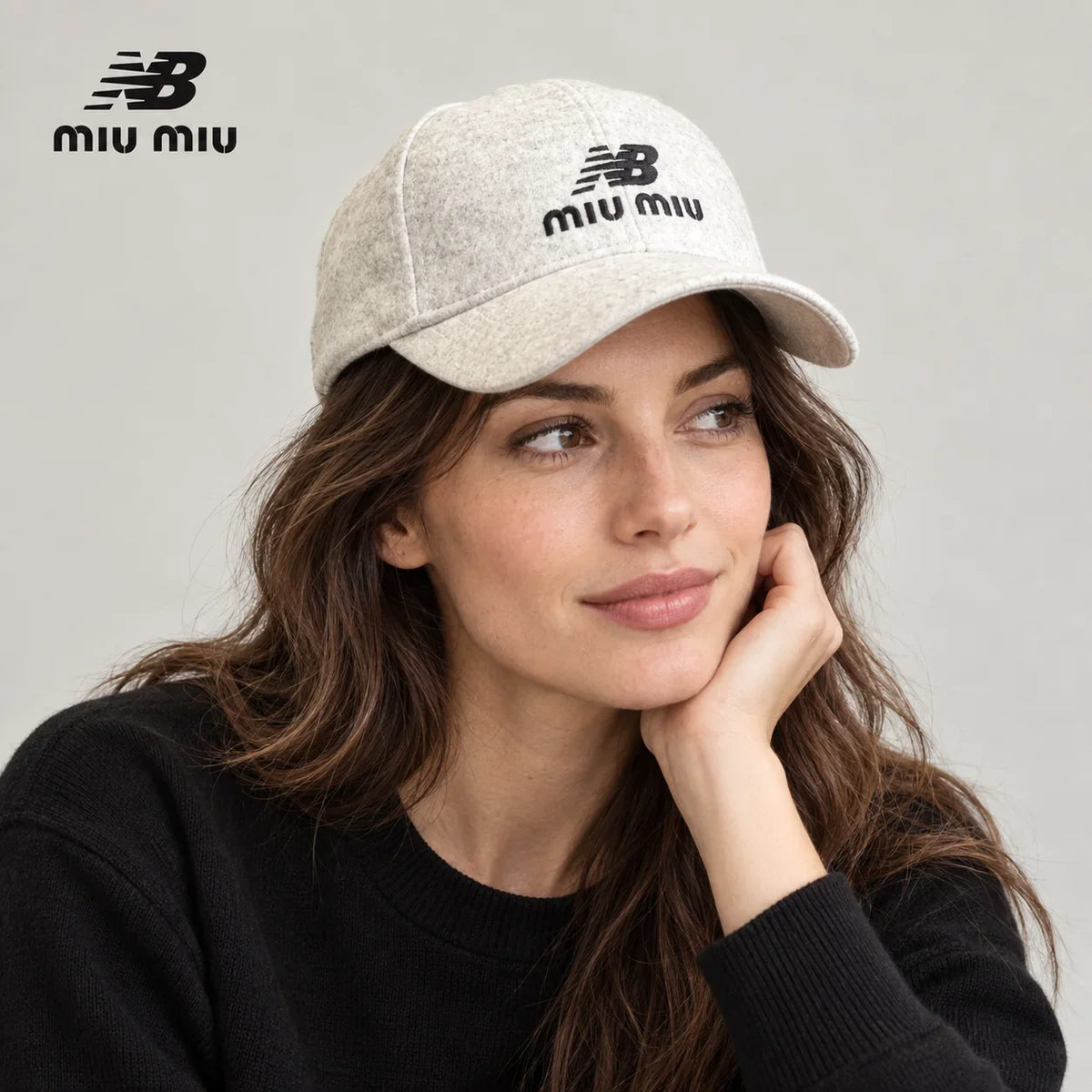 NB / miu miu baseball cap worn by an adult female model