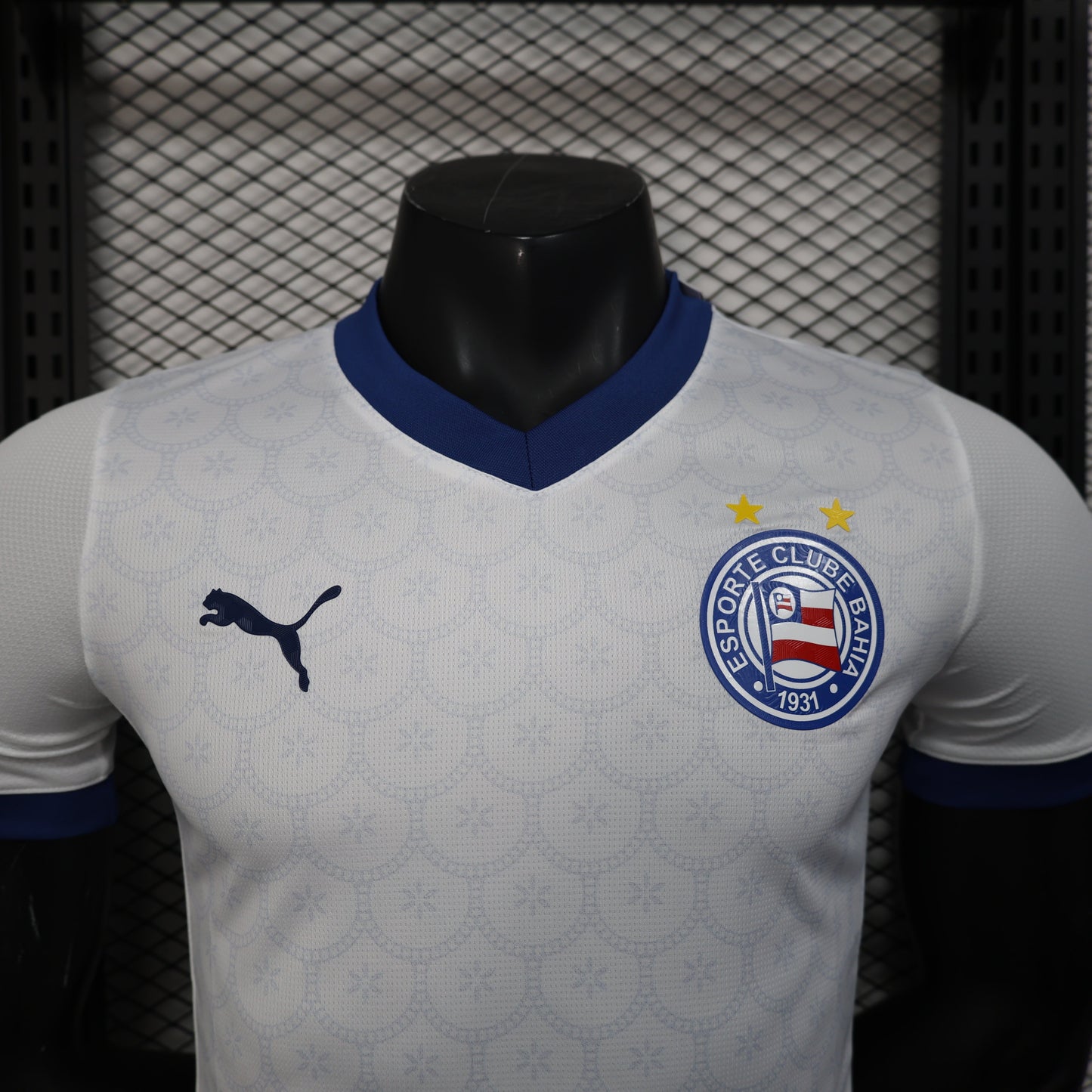 2025/26 Bahia Home Player Version Jersey -  White Body - Dark Navy Blue V-Neck Collar & Sleeve Cuffs - Black Puma Logo - Bahia Crest Three Gold Stars - Clean Chest