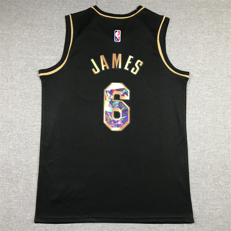 LeBron James #6 Los Angeles Lakers Black Gold 2021-22 Diamond Edition NBA 75th Anniversary Holographic Logo Swingman Jersey