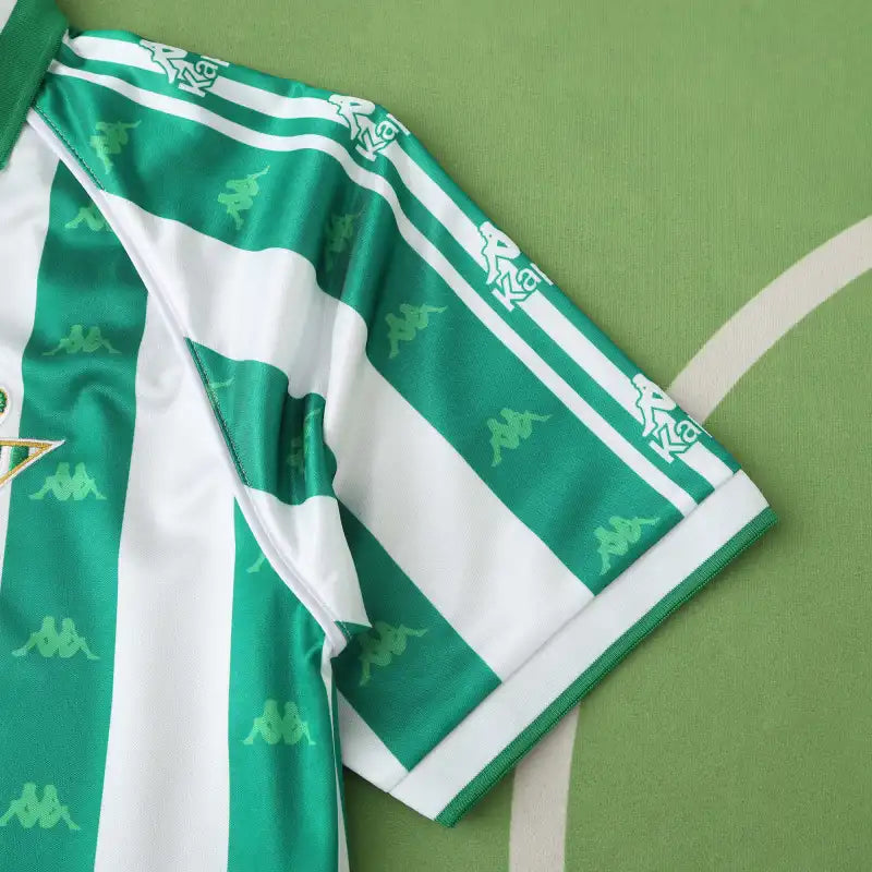 Real Betis Balompié Home Retro Fan Version 1995/97 – Green & White Stripe Kappa Jacquard Vintage Football Jersey | 90s Verdiblancos Kit