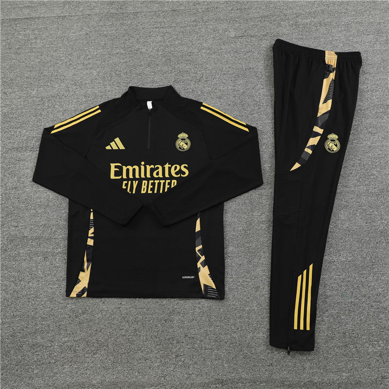 Real Madrid 2024/25 Black & Gold Adidas Training Tracksuit – Quarter-Zip Top & Tapered Pants | Emirates La Liga Training Suit