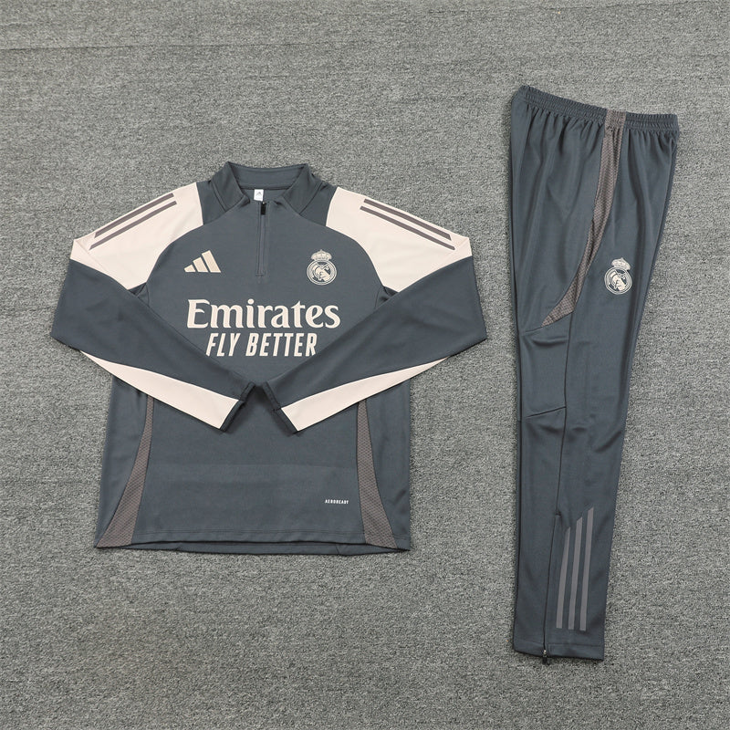Real Madrid 2024/25 Charcoal Grey & Cream Adidas Training Tracksuit – Quarter-Zip Top & Tapered Pants | Emirates La Liga Training Suit