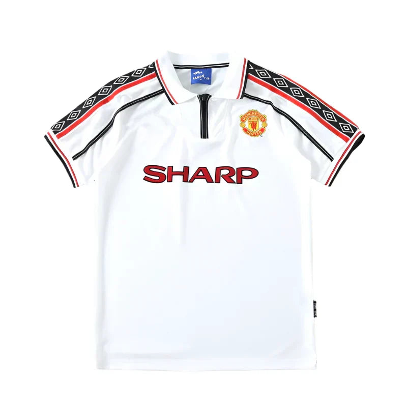 Manchester United Third Retro Fan Version Jersey 1998/99 – White Umbro SHARP Treble Season Football Shirt