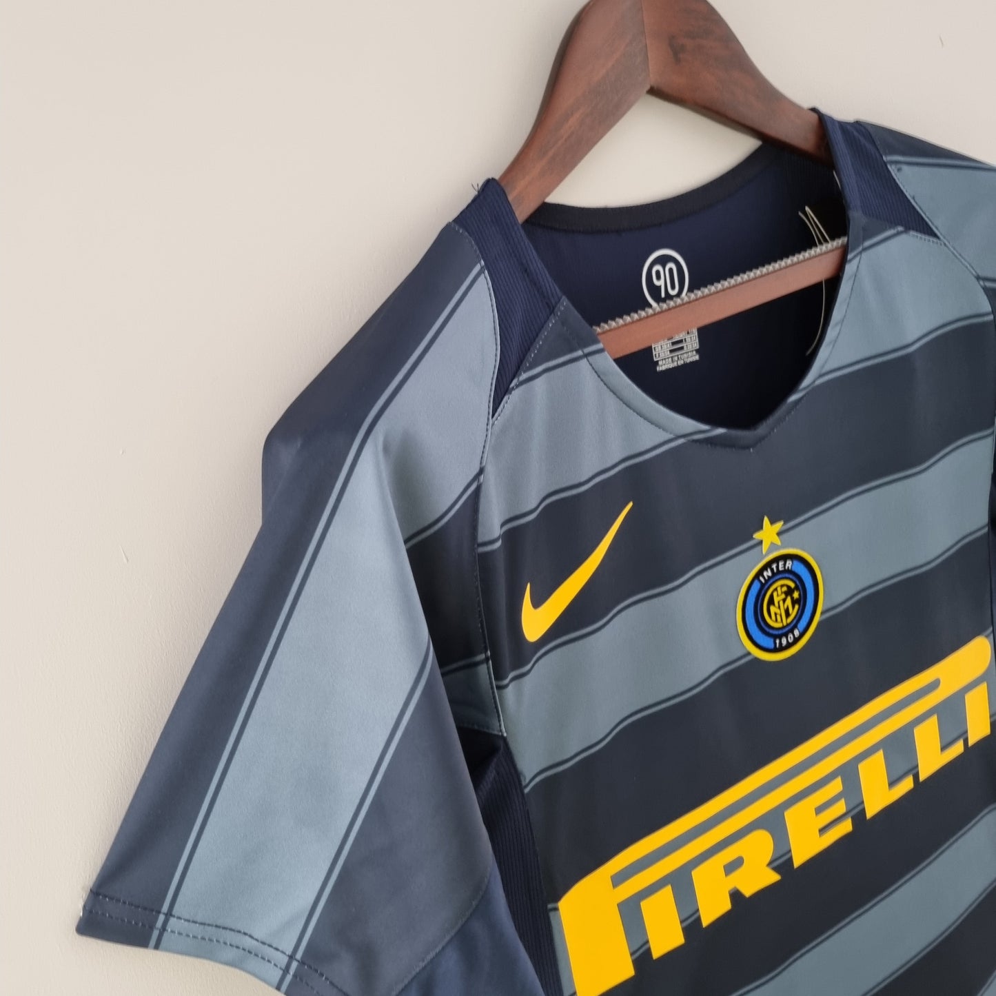 Inter Milan 2004-05 Third Retro Jersey – Nike Navy Blue Grey Stripe Pirelli Adriano Zanetti Davids Vieri Cambiasso Serie A Fan Version Football Shirt