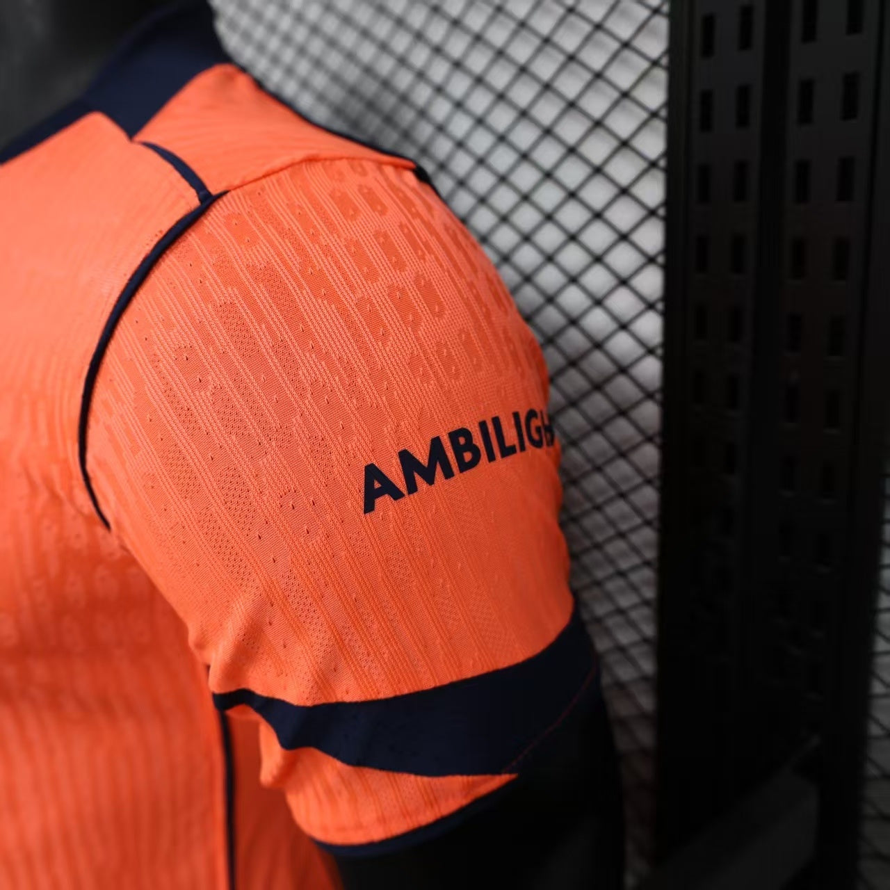 2025/26 FC Barcelona Away Player Version Jersey - Orange Body - Dri-FIT ADV - Navy Blue Crew Neck - Navy Blue Sleeve Cuffs & Side Seam Piping - Navy Blue Nike Swoosh - FCB Orange Monochrome Crest - Spotify Navy Blue Sponsor