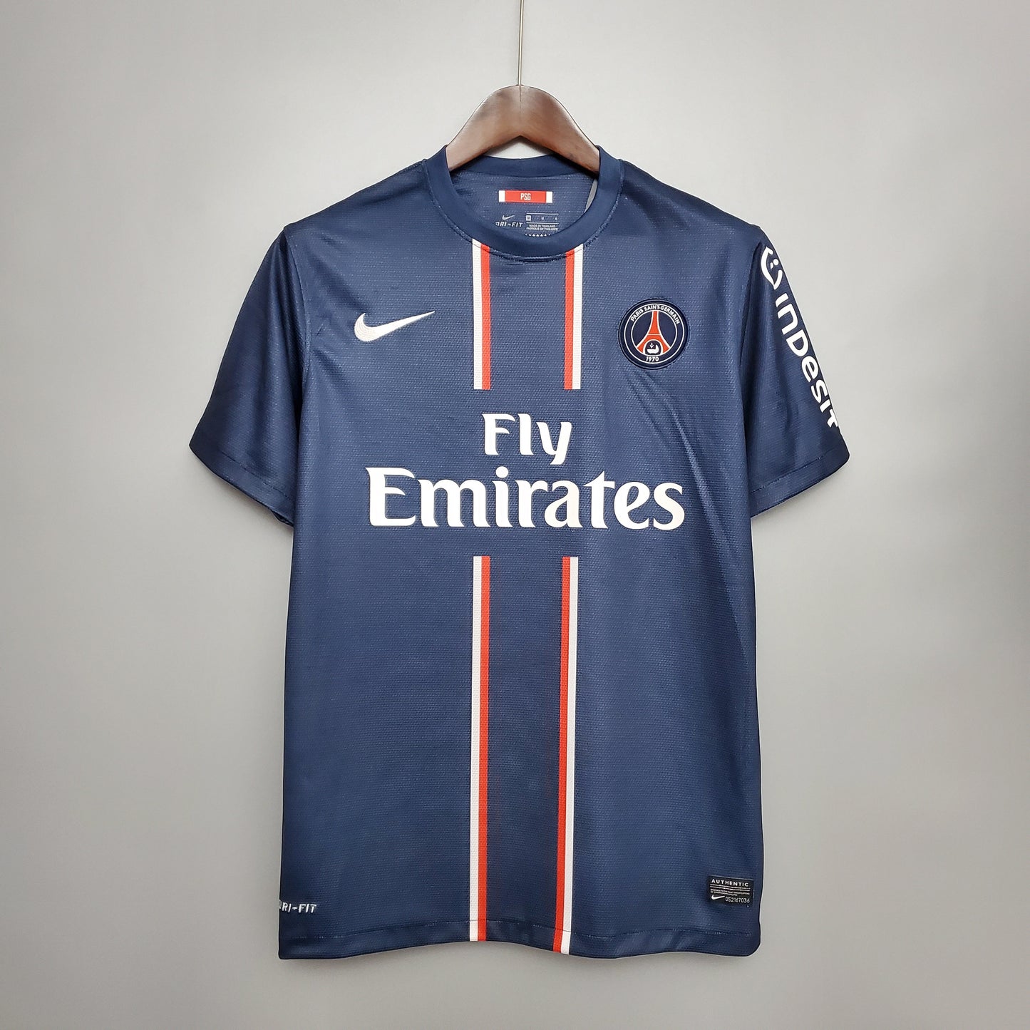 PSG 2012-13 Home Retro Jersey – Nike Navy Blue White Red Vertical Stripe Crew Neck Fly Emirates Eiffel Tower Crest Ibrahimovic Thiago Silva Beckham Verratti Pastore Lavezzi Ligue 1 Fan Version Football Shirt