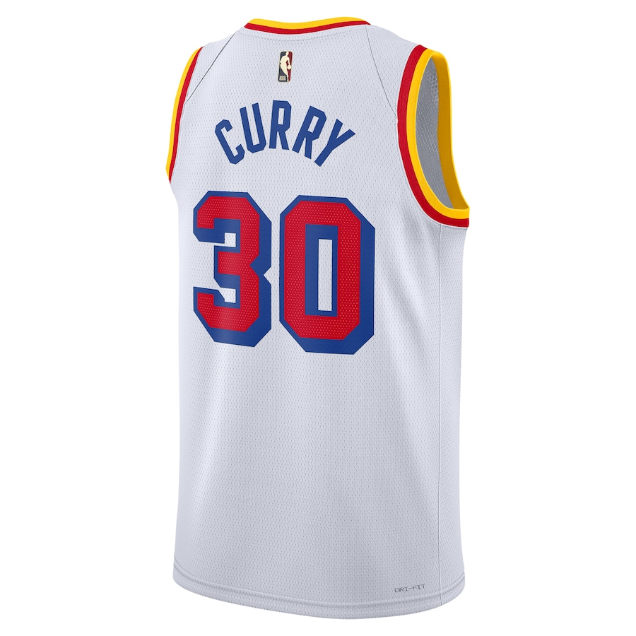 Stephen Curry #30 Golden State Warriors White 2024-25 Classic Edition Red "Warriors" Retro Gold-Red Tri-Color Collar Swingman Jersey - S-XXXL