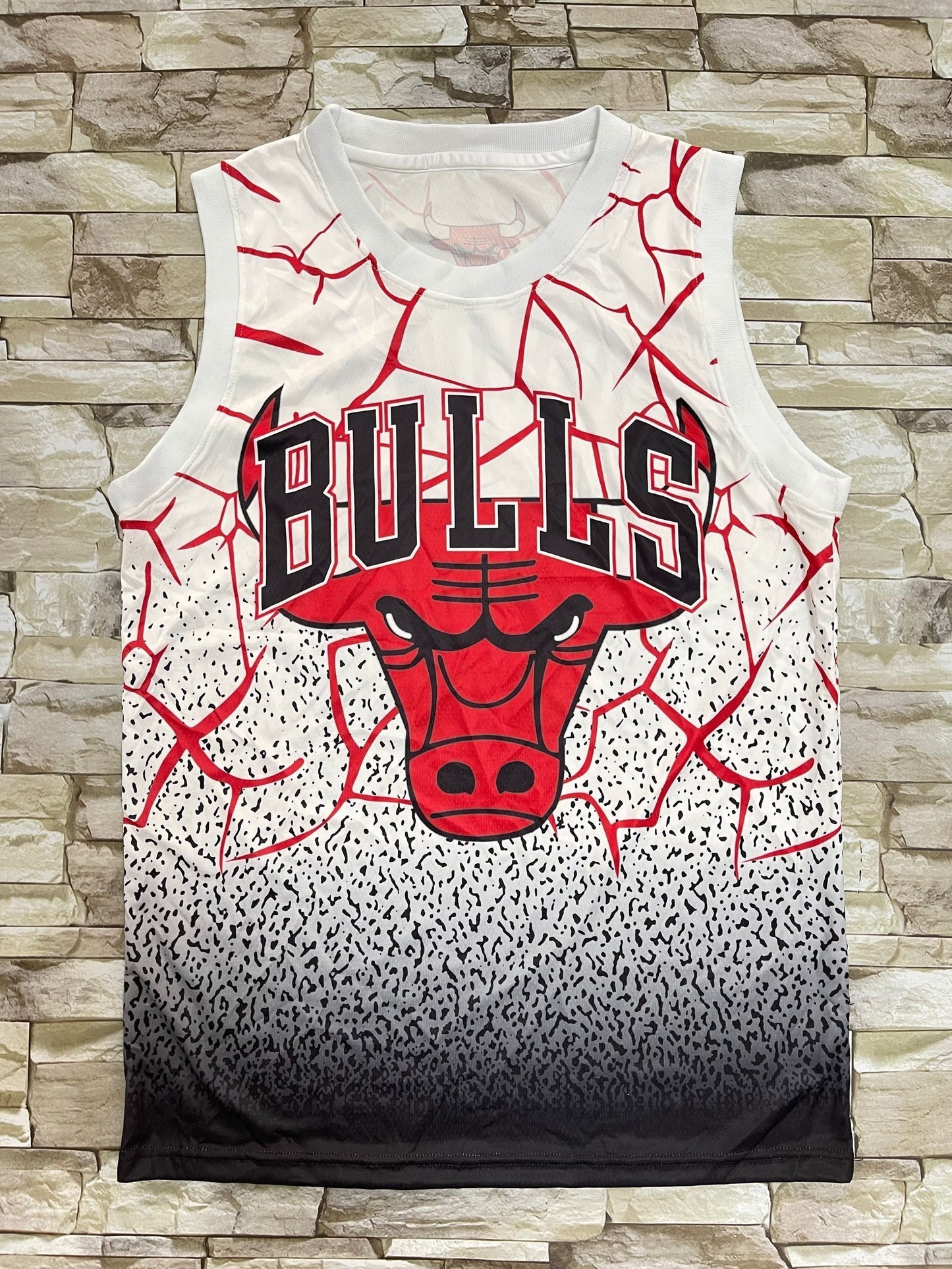 Chicago Bulls Mitchell & Ness White Black Gradient Cracked Red Lightning All-Over Print Hardwood Classics Swingman Jersey