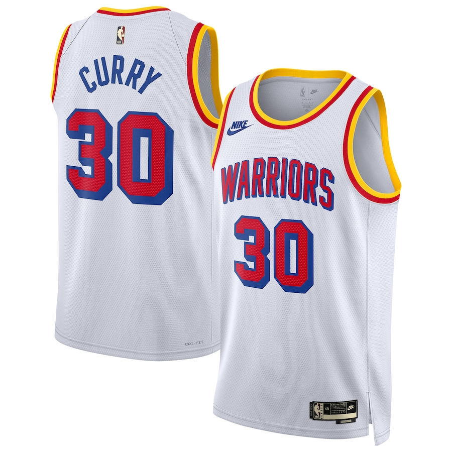 Stephen Curry #30 Golden State Warriors White 2024-25 Classic Edition Red "Warriors" Retro Gold-Red Tri-Color Collar Swingman Jersey - S-XXXL