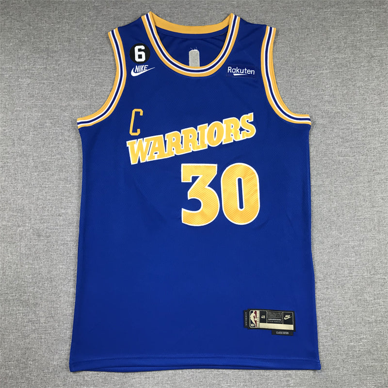 Stephen Curry #30 Golden State Warriors Royal Blue 2022-23 Classic Edition 1980s Retro Gold Italic Warriors Captain "C" Patch Bill Russell #6 Tribute Swingman Jersey