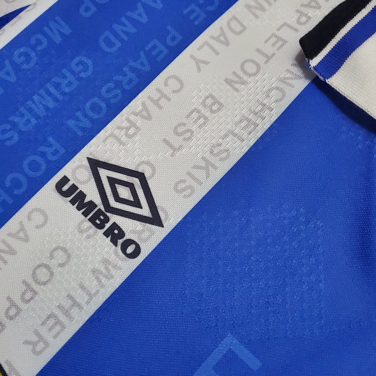 Manchester United 1994-96 Away Retro Jersey – Umbro Blue White Stripe Player Names Kit | Cantona Beckham Sharp Era