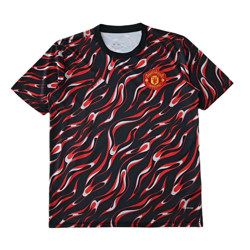 Manchester United Training Shirt Fan Version 2025/26 – Black Red Flame Print Pre-Match Top